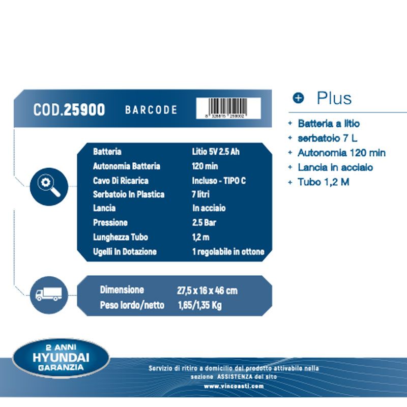 POMPA IRRORATRICE DA SPALLA A BATTERIA  7 L - 25900